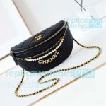 Replica Chane1 Women Waist Bag Black Leather Pearl Chain Strap 